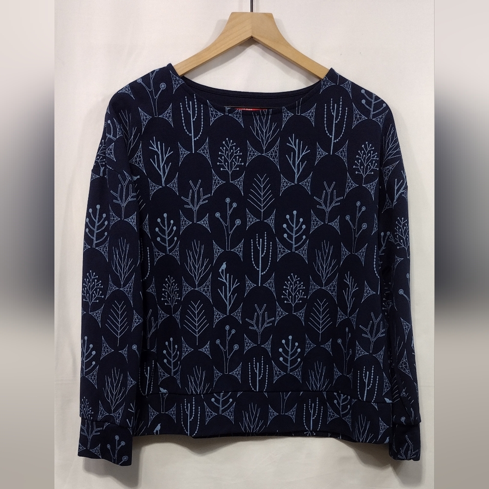 Graniph Japan Tree Print Blouse Womens XL Blue Casual Comfy Retro Holiday